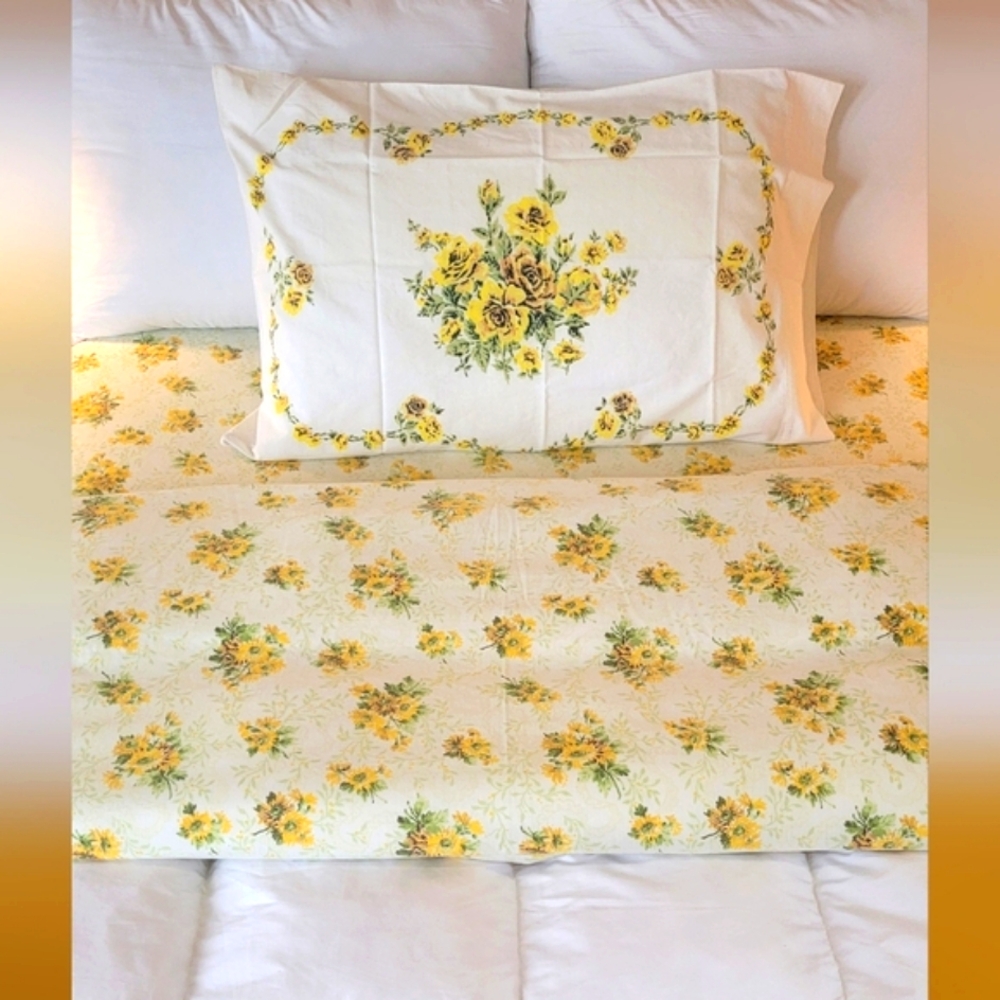 Vintage DBL Sz 3pc Bedding Set. Sunflowers Motif, Sears, 50/50 Blend - Picture 7 of 15